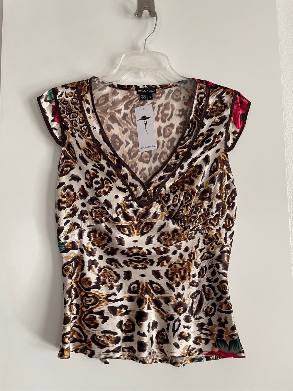 Piano Pure SILK Sleeveless Blouse Top V Neck Floral Animal Ivory Brown NWT